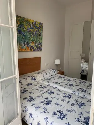 a bedroom with a bed with a blue and white comforter at Apartamentos Valverde Cádiz 1 - A in Cádiz