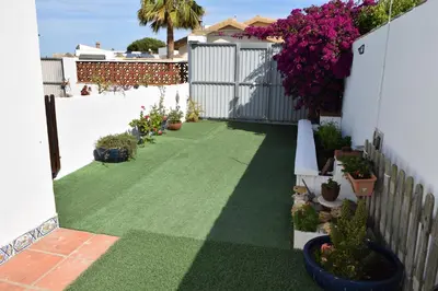 a backyard with a lawn with potted plants and flowers at LOS TOCHOS in Chiclana de la Frontera