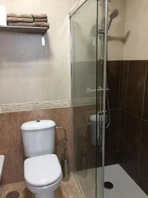 a bathroom with a toilet and a glass shower at La terraza de San Pedro in Cádiz