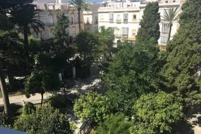 an overhead view of a park with trees and buildings at Homestay en Plaza Candelaria, Casco Antiguo in Cádiz