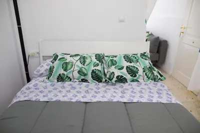 a bed with a green and white pillow on it at Miriam Costa de la luz in Jerez de la Frontera