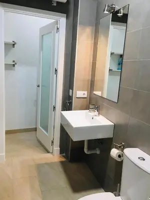 a bathroom with a sink and a toilet and a mirror at Apartamentos Valverde Cádiz 1-C in Cádiz