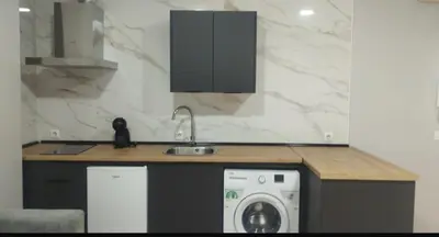 a kitchen with a washing machine and a sink at Apartamentos Turísticos La Terraza* in Las Cabezas de San Juan