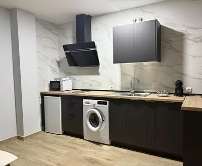 a kitchen with a washing machine and a sink at Apartamentos Turísticos La Terraza* in Las Cabezas de San Juan