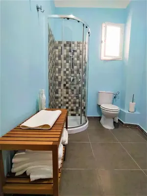 a blue bathroom with a shower and a toilet at Sol de Cádiz in Cádiz