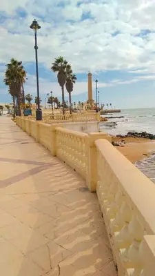a long wall on a beach with palm trees and the ocean at Magnífico alojamiento a 3 metros de la playa y en la Plaza del Castillo in Chipiona