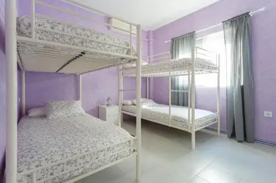 a bedroom with two bunk beds and purple walls at La Almadraba in Chiclana de la Frontera