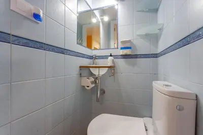a bathroom with a white toilet and a mirror at La Almadraba in Chiclana de la Frontera