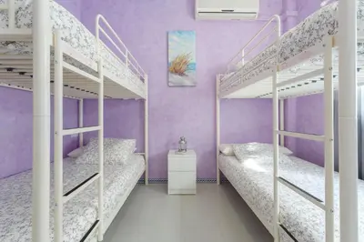 a purple room with two bunk beds in it at La Almadraba in Chiclana de la Frontera