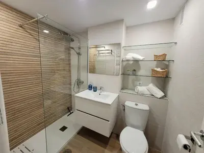 a bathroom with a shower and a toilet and a sink at Novo Sancti Petri - Playa, Piscina, Golf y Relax in Chiclana de la Frontera