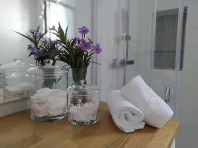 a bathroom counter with a vase of flowers and towels at Casa Izaro in Sanlúcar de Barrameda