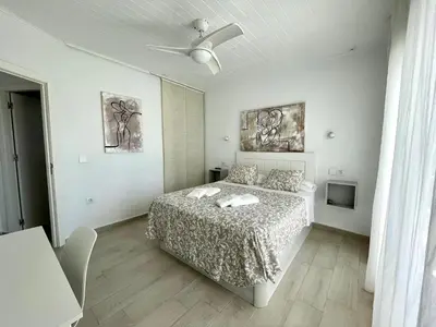 a bedroom with a bed and a ceiling fan at Minichalet El Molino 5 in Chiclana de la Frontera