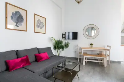 a living room with a gray couch and pink pillows at Sanlúcar Olehousing in Sanlúcar de Barrameda