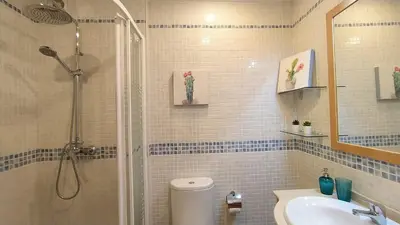 a bathroom with a shower and a toilet and a sink at Sherryflat La Estación - Parking in Jerez de la Frontera