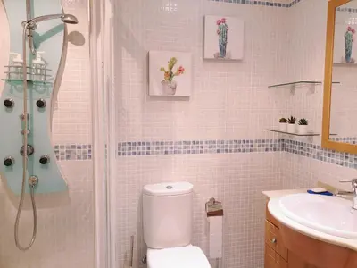 a bathroom with a shower and a toilet and a sink at Sherryflat La Estación - Parking in Jerez de la Frontera