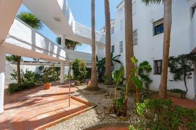 a courtyard with palm trees and a white building at Barrosa Frente al Mar in Chiclana de la Frontera