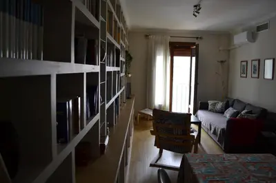 a living room with a couch and a book shelf at Céntrico y amplio apartamento 100% equipado in Jerez de la Frontera