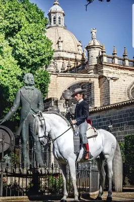a boy riding a white horse in front of a statue at Sherryflat Plateros in Jerez de la Frontera