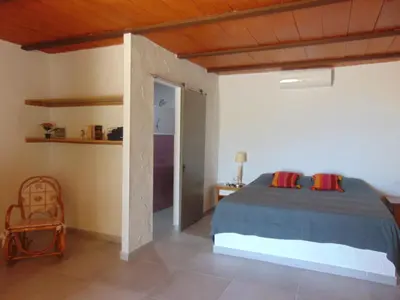 a bedroom with a bed and a wooden ceiling at Finca La Parrilla in Arcos de la Frontera