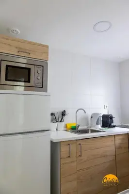 a kitchen with a sink and a microwave at Apartamento Oceano by Cadiz Time in Cádiz