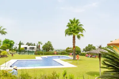 a swimming pool in a park with a palm tree at Flamingo Golf B in Sanlúcar de Barrameda