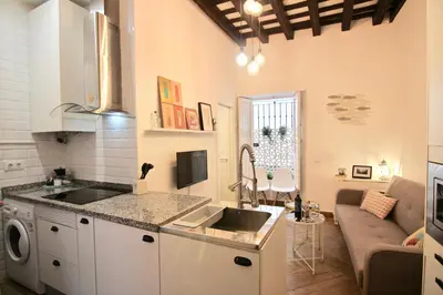 a kitchen and living room with a sink and a couch at Apartamento Oh Cádiz in Cádiz