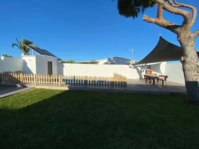 a backyard with a wooden fence and a tree at Chalets Novo Sancti Petri in Chiclana de la Frontera