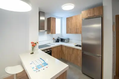 a kitchen with wooden cabinets and a stainless steel refrigerator at Apartamento Colon en Cadiz in Cádiz