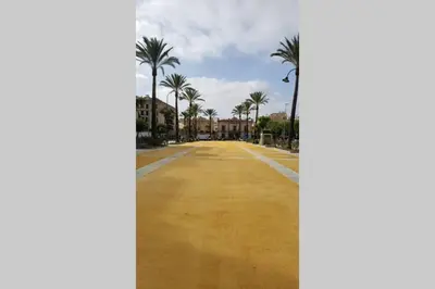 an empty road with palm trees in the middle at Apartamento Las Infantas. Centro de Sanlucar. in Sanlúcar de Barrameda