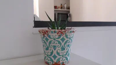 a vase with a plant in it sitting on a ledge at Apartamento Puerta al Mar in Cádiz