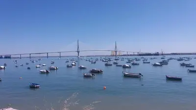 a large group of boats in the water with a bridge at Apartamento Puerta al Mar in Cádiz