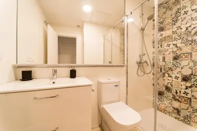a bathroom with a toilet and a shower at Fabio Catedral I in Cádiz