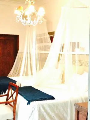 a bedroom with a white bed with a canopy at Casa Bolsa43 in Sanlúcar de Barrameda