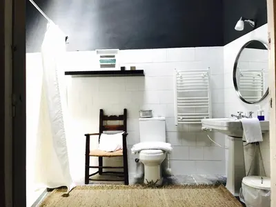 a white bathroom with a toilet and a sink at Casa Bolsa43 in Sanlúcar de Barrameda