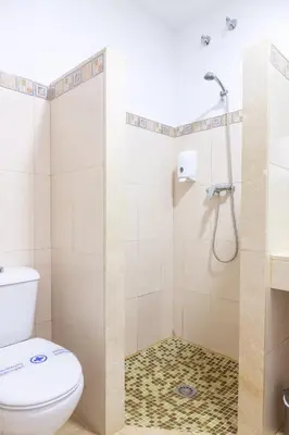 a bathroom with a toilet and a shower at Hotel Marhava in Conil de la Frontera