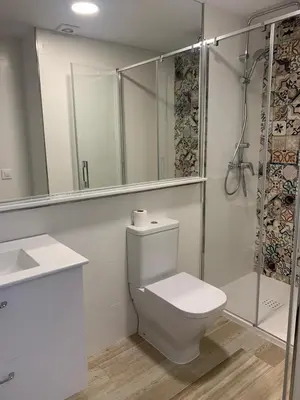 a white bathroom with a toilet and a shower at Apartamento Entrecatedrales 2 in Cádiz