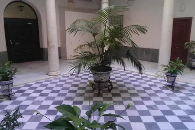 a potted plant sitting on a checkered floor in a building at La Casona de Rances Grupo AC Gestion in Cádiz