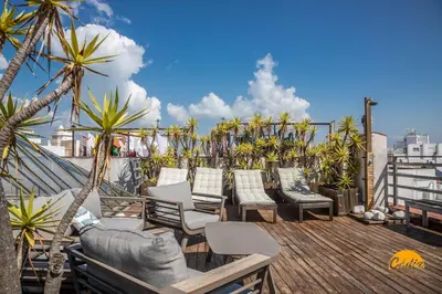 a balcony with lounge chairs and palm trees on a roof at La Bella Escondida by Cadiz Time in Cádiz