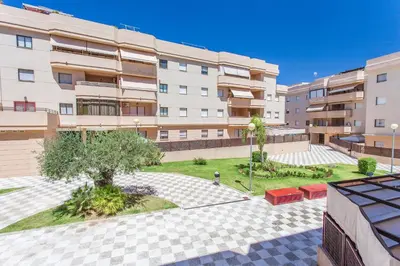 an apartment building with a courtyard with a tree and benches at APARTAMENTO CENTRO JARDINES TEMPUL in Jerez de la Frontera