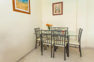 a dining room table with chairs and a vase of flowers at APARTAMENTO CENTRO JARDINES TEMPUL in Jerez de la Frontera