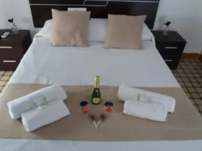 a bedroom with a bed with a bottle of wine and towels at Hospederia Islasol in San Fernando