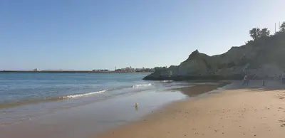 two people and a dog on the beach at Casa Mercedes in Rota