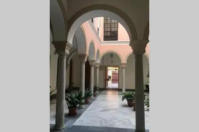 an arcade in a building with potted plants at Palacio Caballeros. Parking/Wifi in Jerez de la Frontera