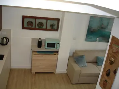 a living room with a couch and a microwave at Kiana Loft, La Casa del Parral in Jerez de la Frontera
