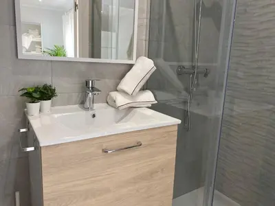 a bathroom with a sink and a shower at Cartujano City Center Apartment in Jerez de la Frontera