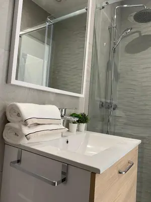 a bathroom with a sink and a shower and a mirror at Cartujano City Center Apartment in Jerez de la Frontera