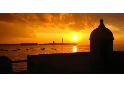 a sunset over the water with ducks in the ocean at Apartamento Nebro Estrella, En el Corazón de Cádiz in Cádiz