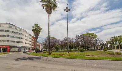 an empty street with palm trees and a building at Azvalia - Edificio Parque in El Puerto de Santa María