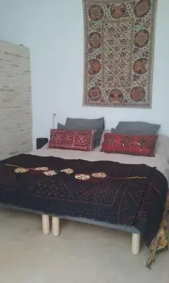 a bedroom with two beds with pillows and a rug at el rinconcito in Sanlúcar de Barrameda