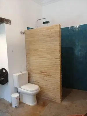 a bathroom with a toilet and a wooden wall at el rinconcito in Sanlúcar de Barrameda